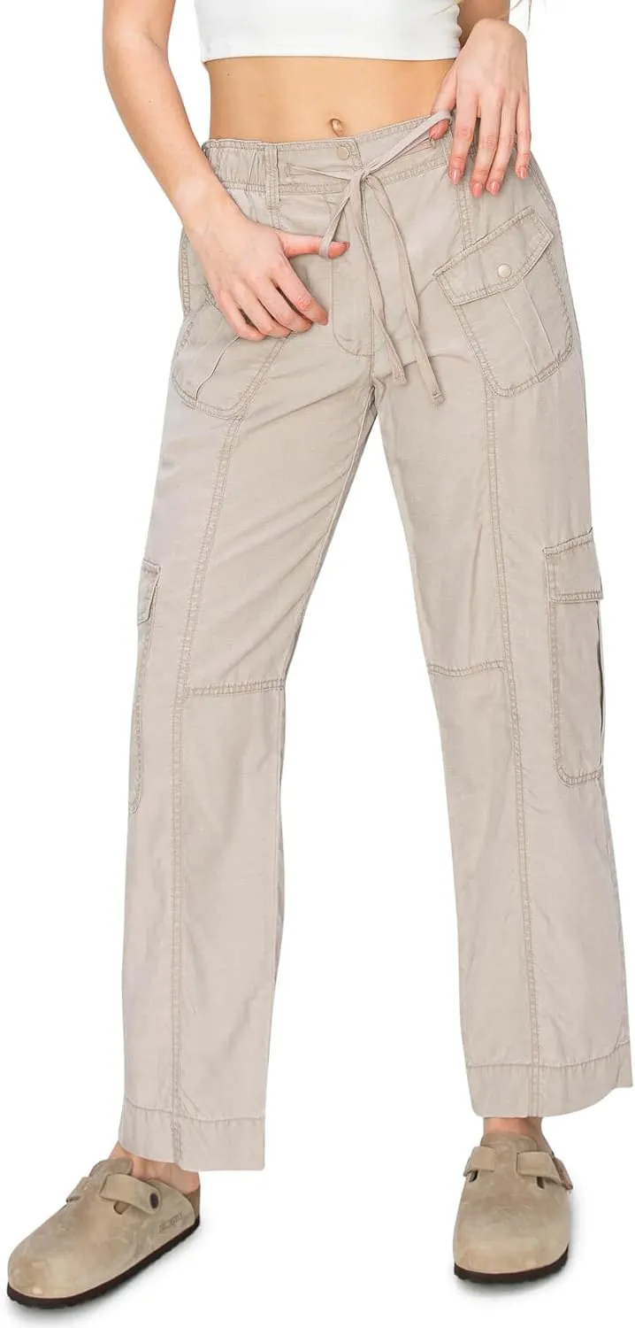 Cali1850 Women's Relaxed Fit Comfortable Mid Rise Washed Linen Straight Leg Cargo Pants with Elastic Band