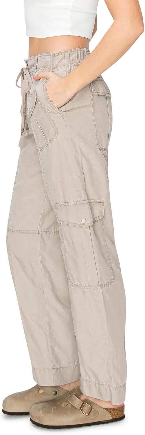 Cali1850 Women's Relaxed Fit Comfortable Mid Rise Washed Linen Straight Leg Cargo Pants with Elastic Band