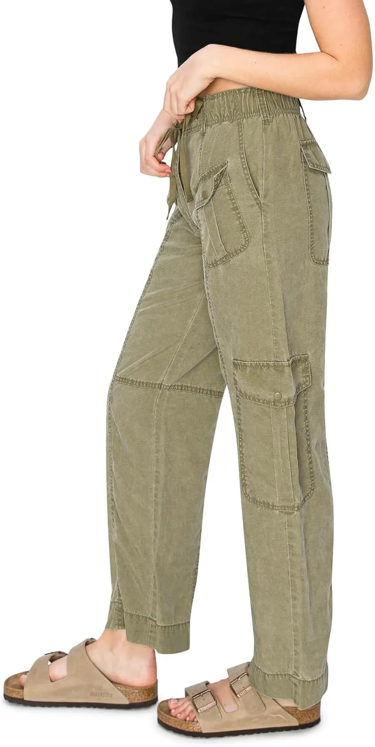 Cali1850 Women's Relaxed Fit Comfortable Mid Rise Washed Linen Straight Leg Cargo Pants with Elastic Band