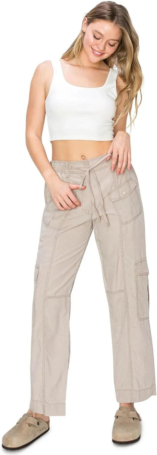 Cali1850 Women's Relaxed Fit Comfortable Mid Rise Washed Linen Straight Leg Cargo Pants with Elastic Band