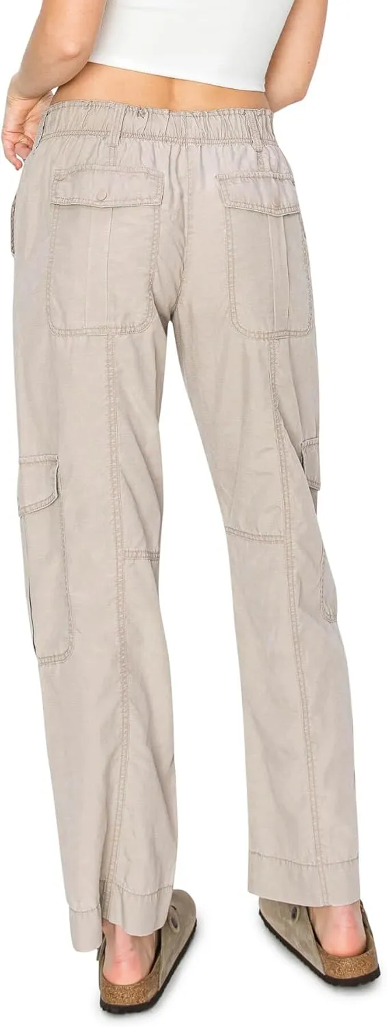 Cali1850 Women's Relaxed Fit Comfortable Mid Rise Washed Linen Straight Leg Cargo Pants with Elastic Band