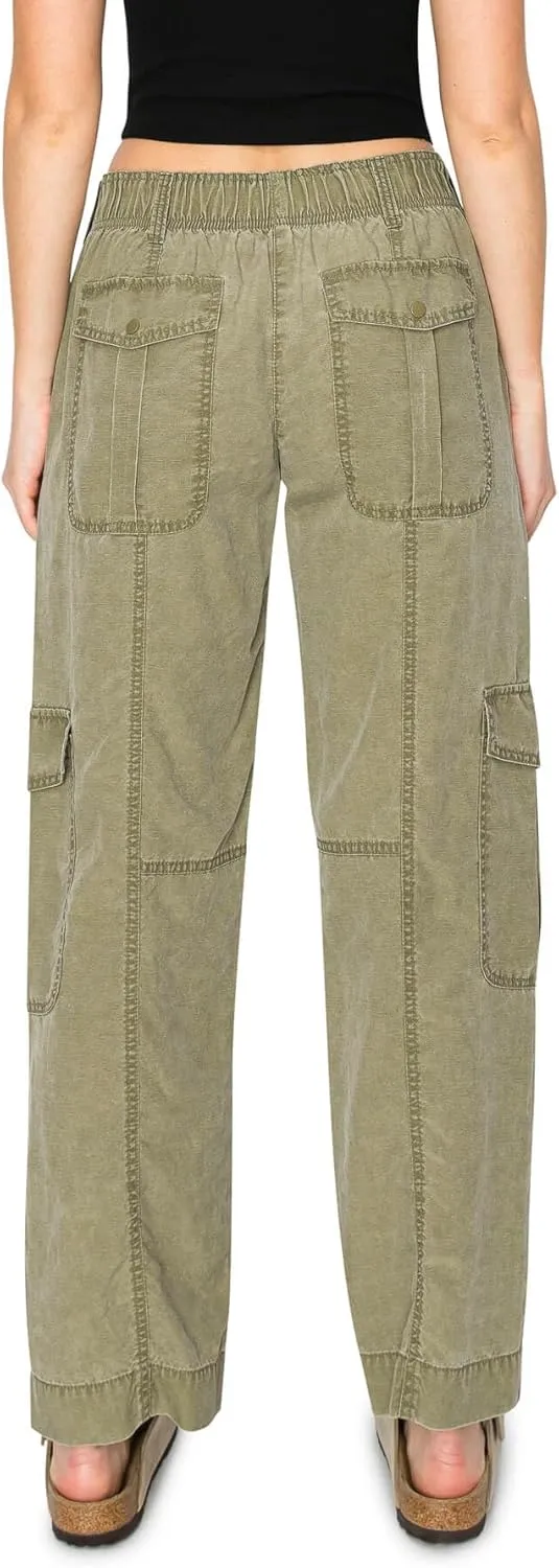 Cali1850 Women's Relaxed Fit Comfortable Mid Rise Washed Linen Straight Leg Cargo Pants with Elastic Band