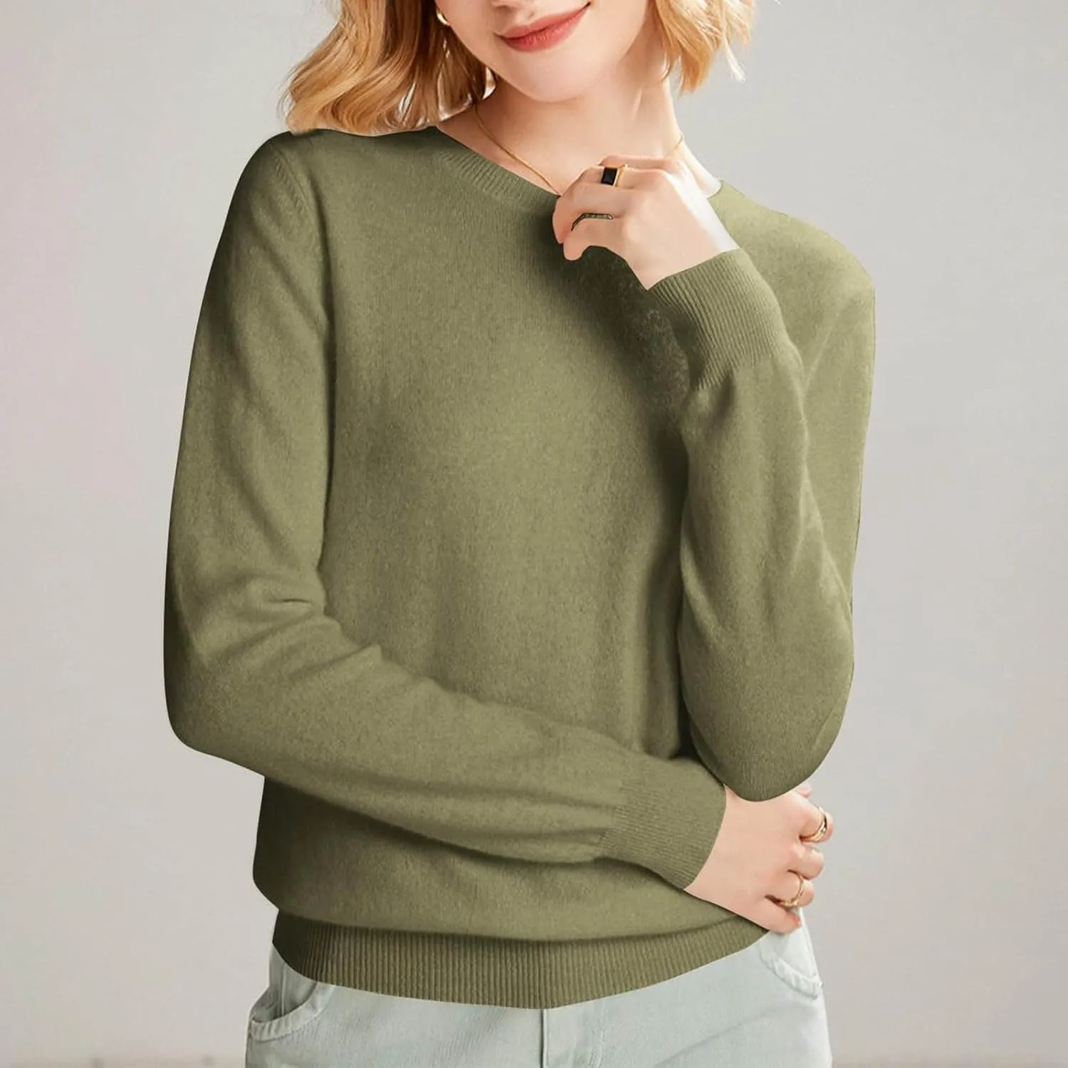 Cashmere Sweaters for Women, Crew Neck Long Sleeve Soft Warm Trendy Pullover Tops Lightweight Wool Cozy Knit Sweater