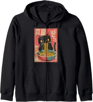 Cat Ramen Anime Japanese Funny Graphic Tees Kawaii Zip Hoodie