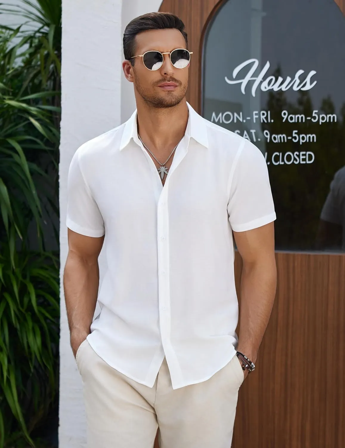 COOFANDY Men's Casual Button Down Short Sleeve Shirts Summer Beach Wedding Shirt Vacation Cotton Shirts