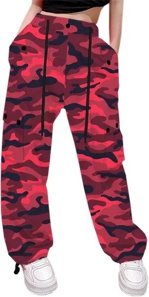 Cromoncent Girls High Waist Parachute Pants Y2K Cargo Trousers with Pockets, Camo Red, 11-12 Years = Tag 160