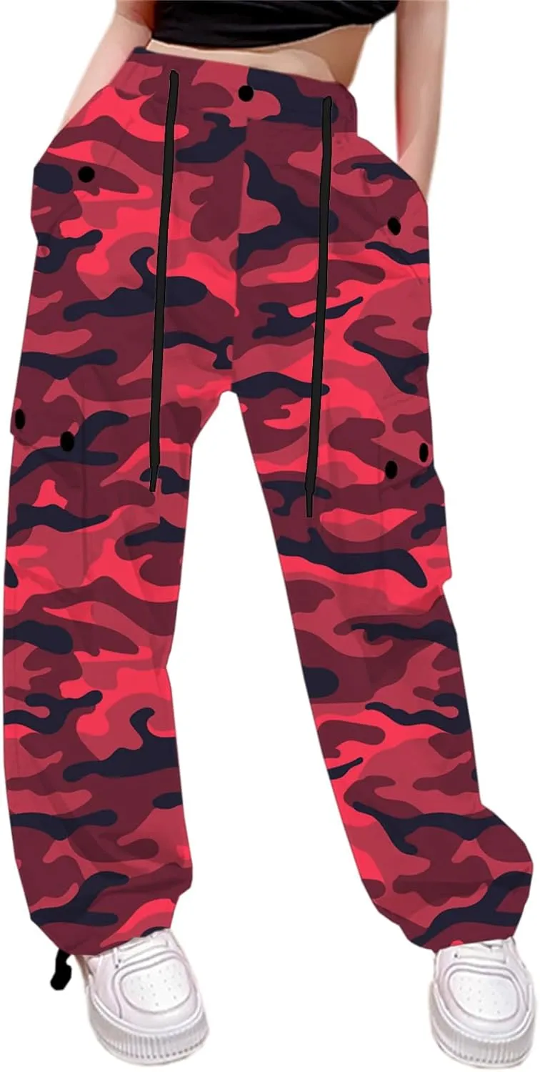 Cromoncent Girls High Waist Parachute Pants Y2K Cargo Trousers with Pockets, Camo Red, 11-12 Years = Tag 160