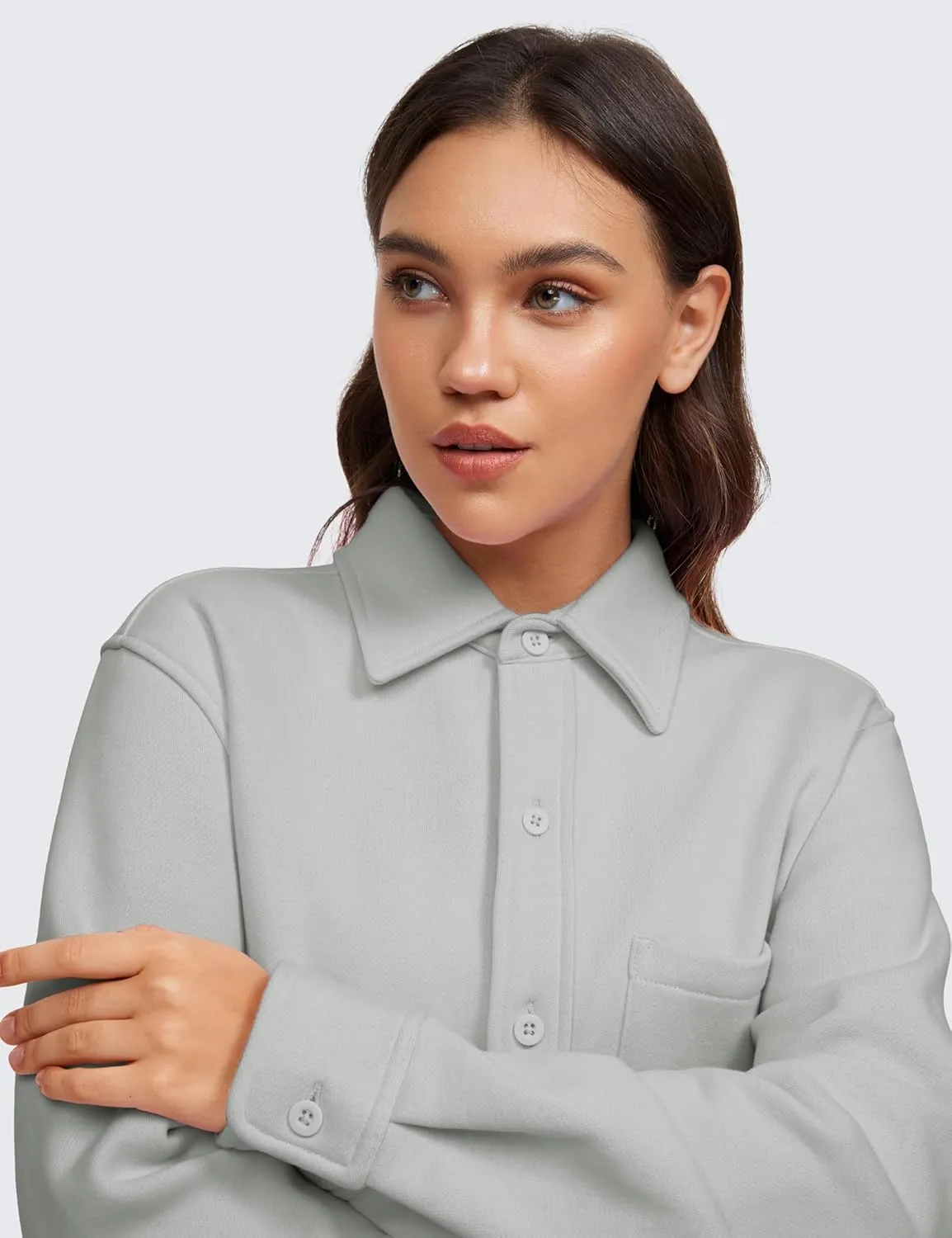 CRZ YOGA Womens Fleece Shacket Jackets Fall Warm Casual Long Sleeve Button Down Shirts with Pocket