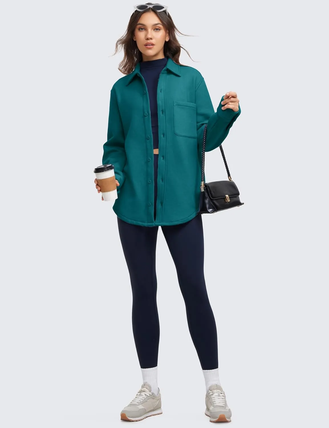 CRZ YOGA Womens Fleece Shacket Jackets Fall Warm Casual Long Sleeve Button Down Shirts with Pocket