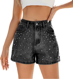 Denim Shorts for Women Studded Rhinestone Cute High Waisted Jorts Loose Causal Vintage Y2K Jean Short with Pockets