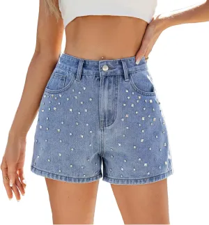 Denim Shorts for Women Studded Rhinestone Cute High Waisted Jorts Loose Causal Vintage Y2K Jean Short with Pockets