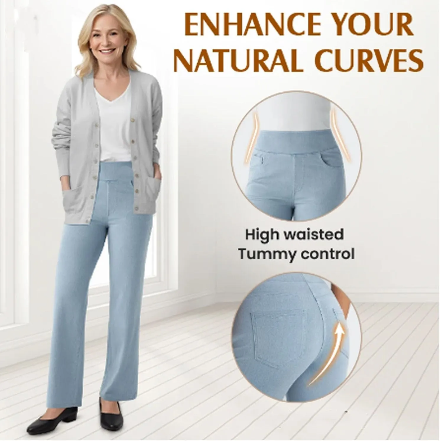 Denimblack Pants, EaseTrousers - High Waisted Multi-Pocket Straight Stretchy Pants, Women's Casual Wide-Leg Trousers