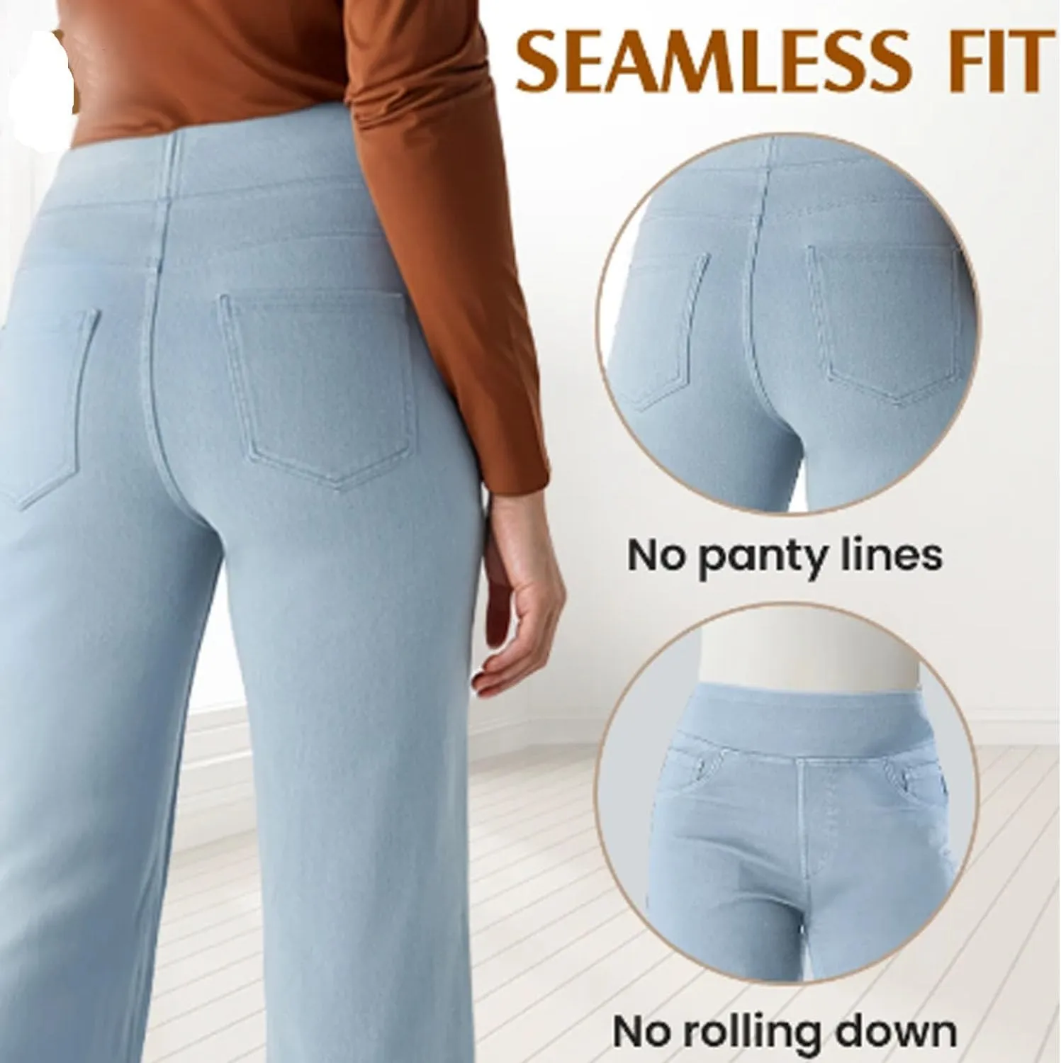 Denimblack Pants, EaseTrousers - High Waisted Multi-Pocket Straight Stretchy Pants, Women's Casual Wide-Leg Trousers