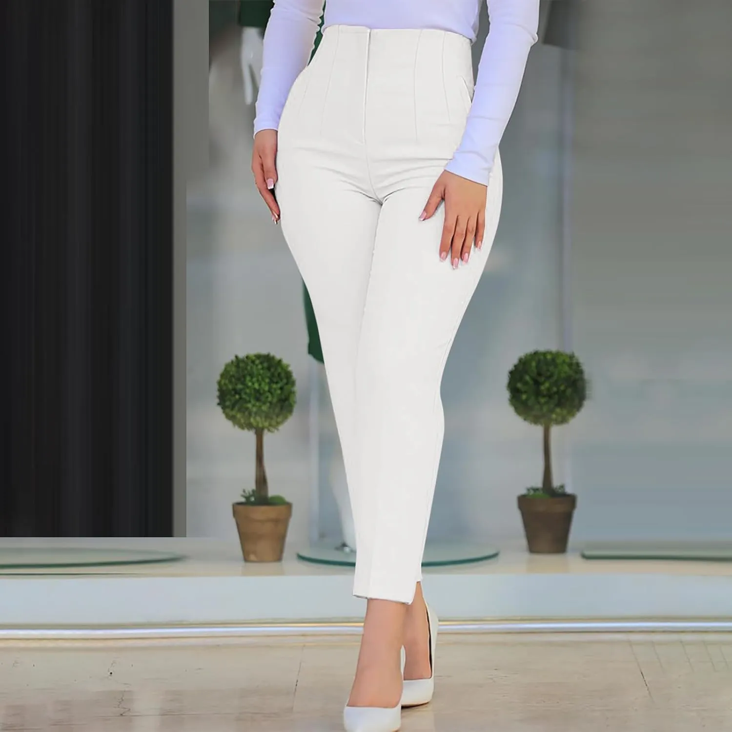 Dress Pants for Women Pleated High Waisted Work Pants Slim Fit Straight Leg Office Trousers Business Casual Outfits