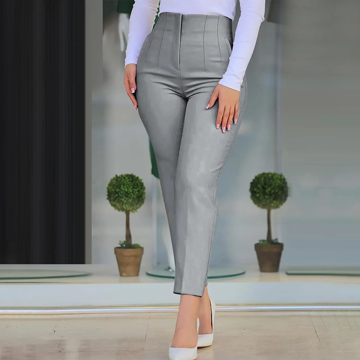 Dress Pants for Women Pleated High Waisted Work Pants Slim Fit Straight Leg Office Trousers Business Casual Outfits