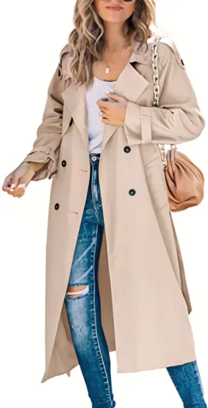 ebossy Women's Double Breasted Mid-Long Trench Coat Casual Slim Notch Lapel Overcoat Windbreaker with Belt