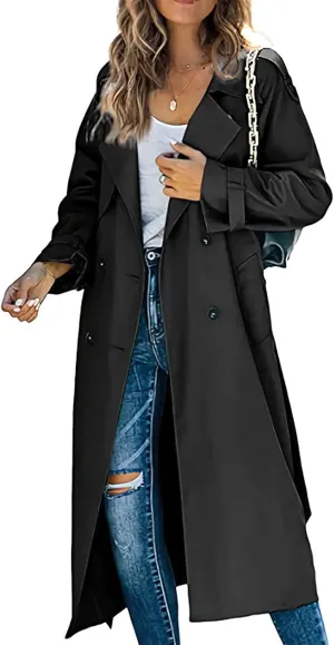 ebossy Women's Double Breasted Mid-Long Trench Coat Casual Slim Notch Lapel Overcoat Windbreaker with Belt