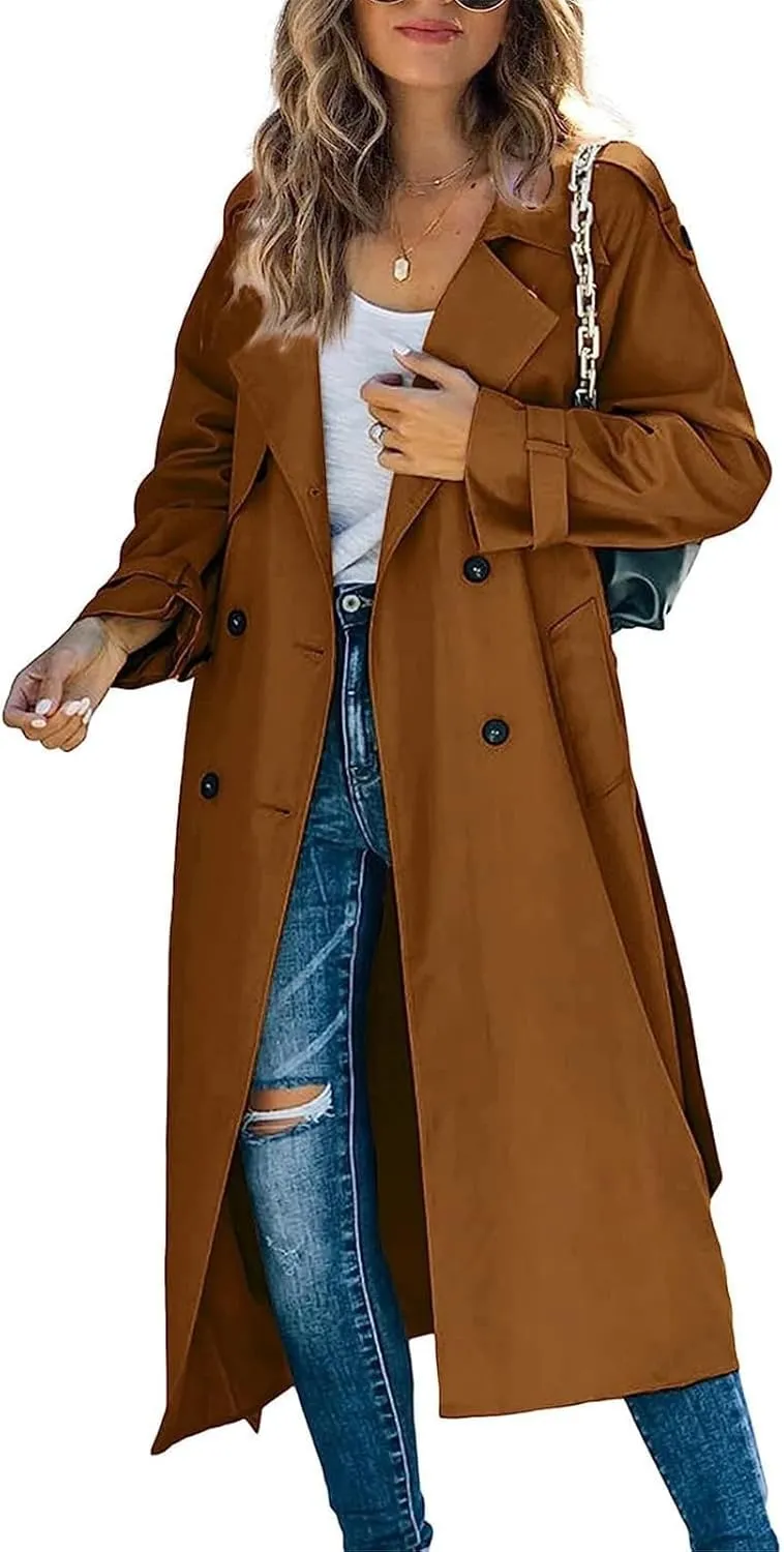 ebossy Women's Double Breasted Mid-Long Trench Coat Casual Slim Notch Lapel Overcoat Windbreaker with Belt