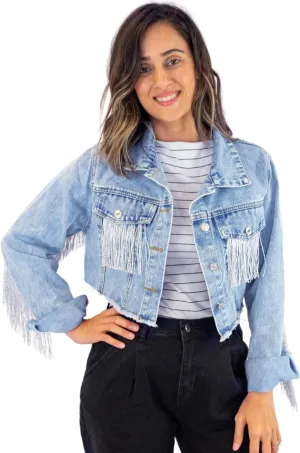 Elegant Fringe Cropped Denim Jacket for Women – Modern Cropped Silhouette & Comfortable Distressed Fabric