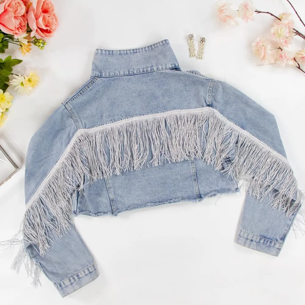 Elegant Fringe Cropped Denim Jacket for Women – Modern Cropped Silhouette & Comfortable Distressed Fabric