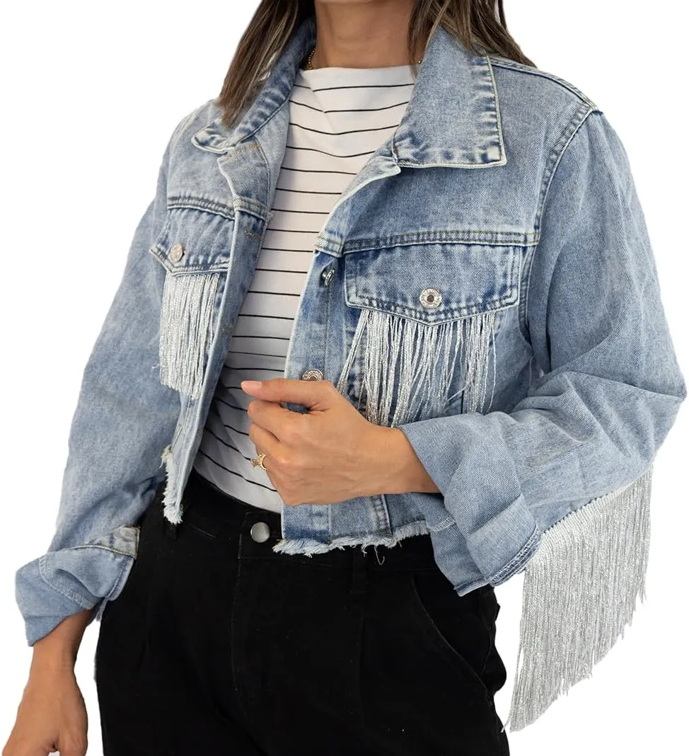 Elegant Fringe Cropped Denim Jacket for Women – Modern Cropped Silhouette & Comfortable Distressed Fabric