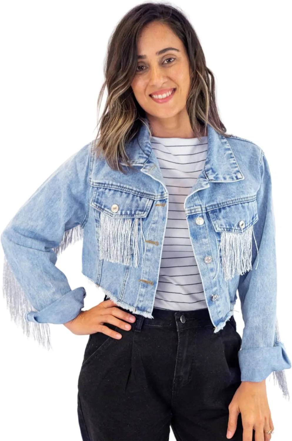 Elegant Fringe Cropped Denim Jacket for Women – Modern Cropped Silhouette & Comfortable Distressed Fabric