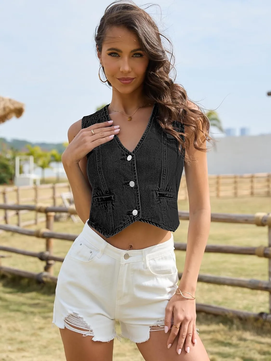 ELLEVEN Womens Summer Cropped Denim Vest, V-Neck Crop Western Jean Vest Top for Women Country Trendy Outfits