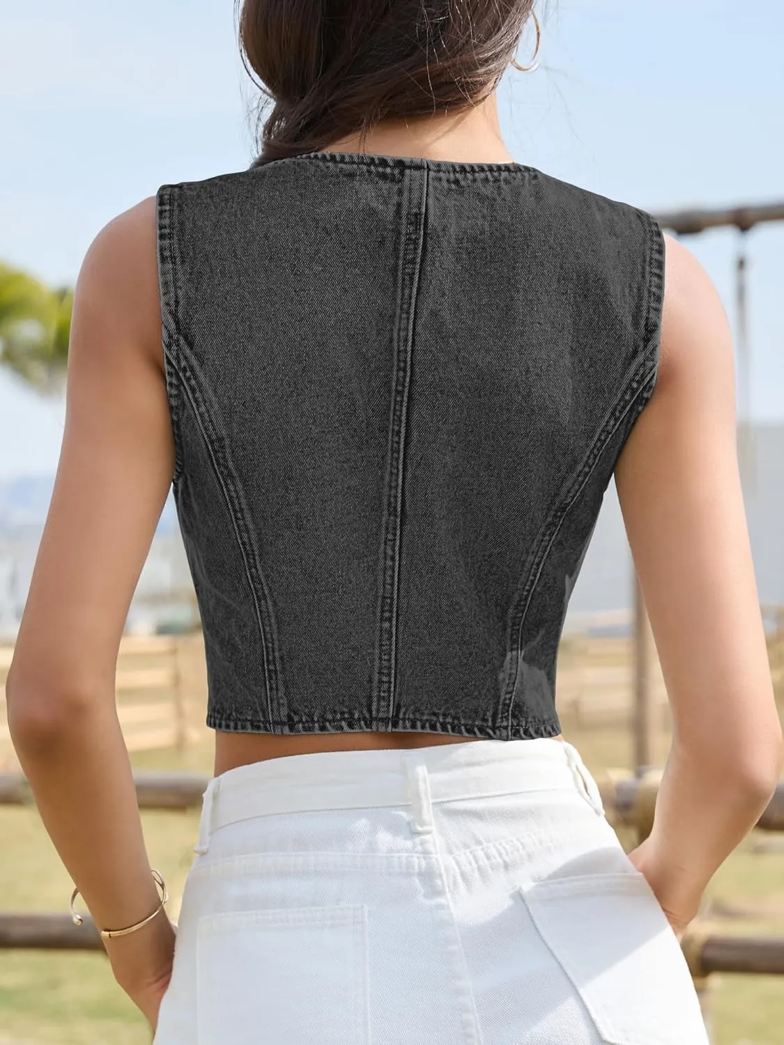 ELLEVEN Womens Summer Cropped Denim Vest, V-Neck Crop Western Jean Vest Top for Women Country Trendy Outfits