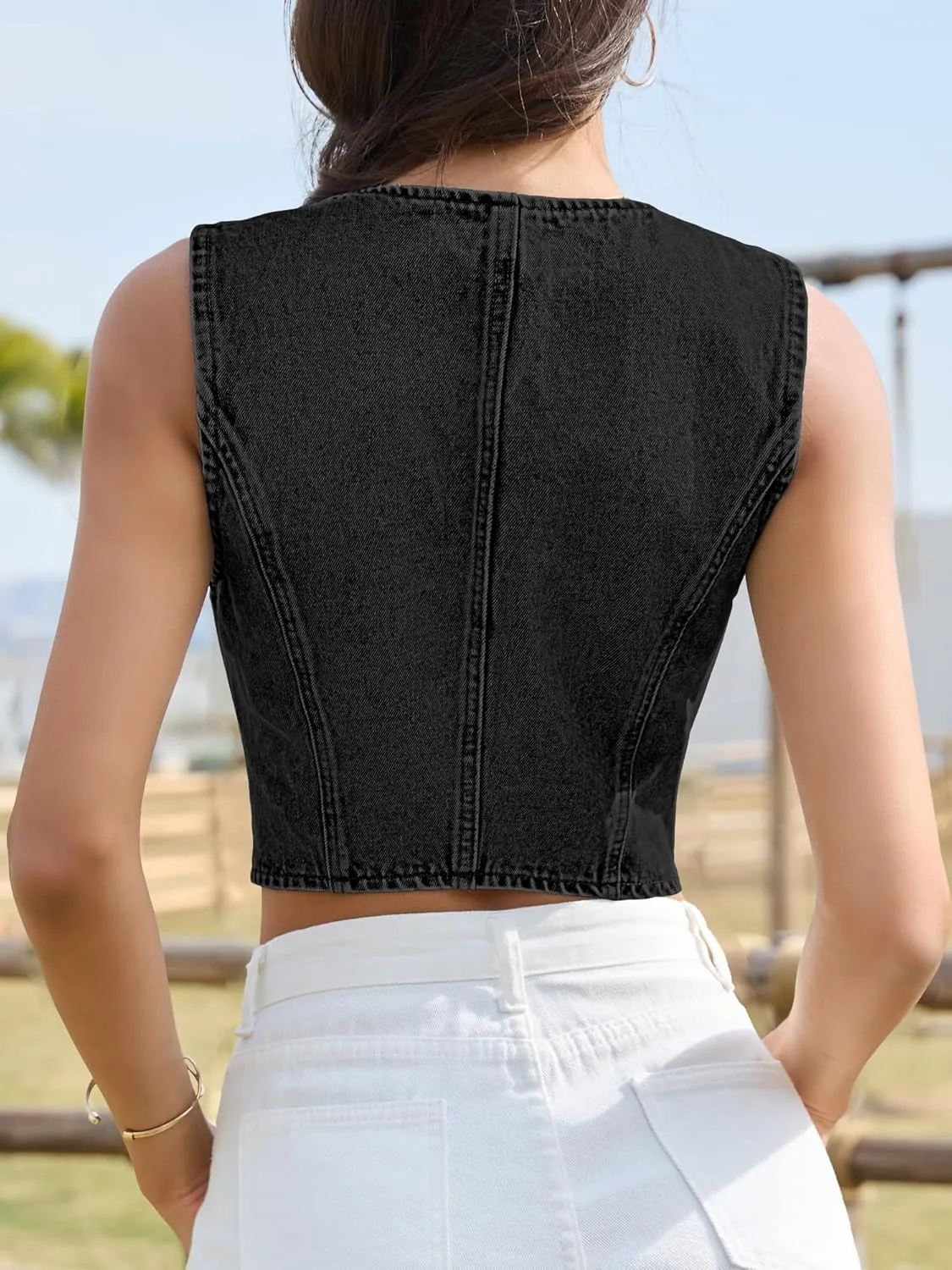 ELLEVEN Womens Summer Cropped Denim Vest, V-Neck Crop Western Jean Vest Top for Women Country Trendy Outfits