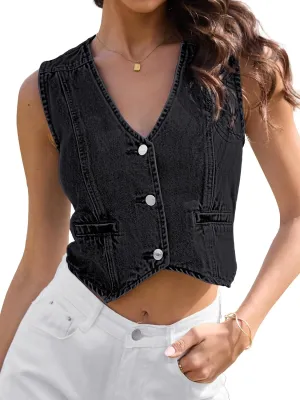ELLEVEN Womens Summer Cropped Denim Vest, V-Neck Crop Western Jean Vest Top for Women Country Trendy Outfits