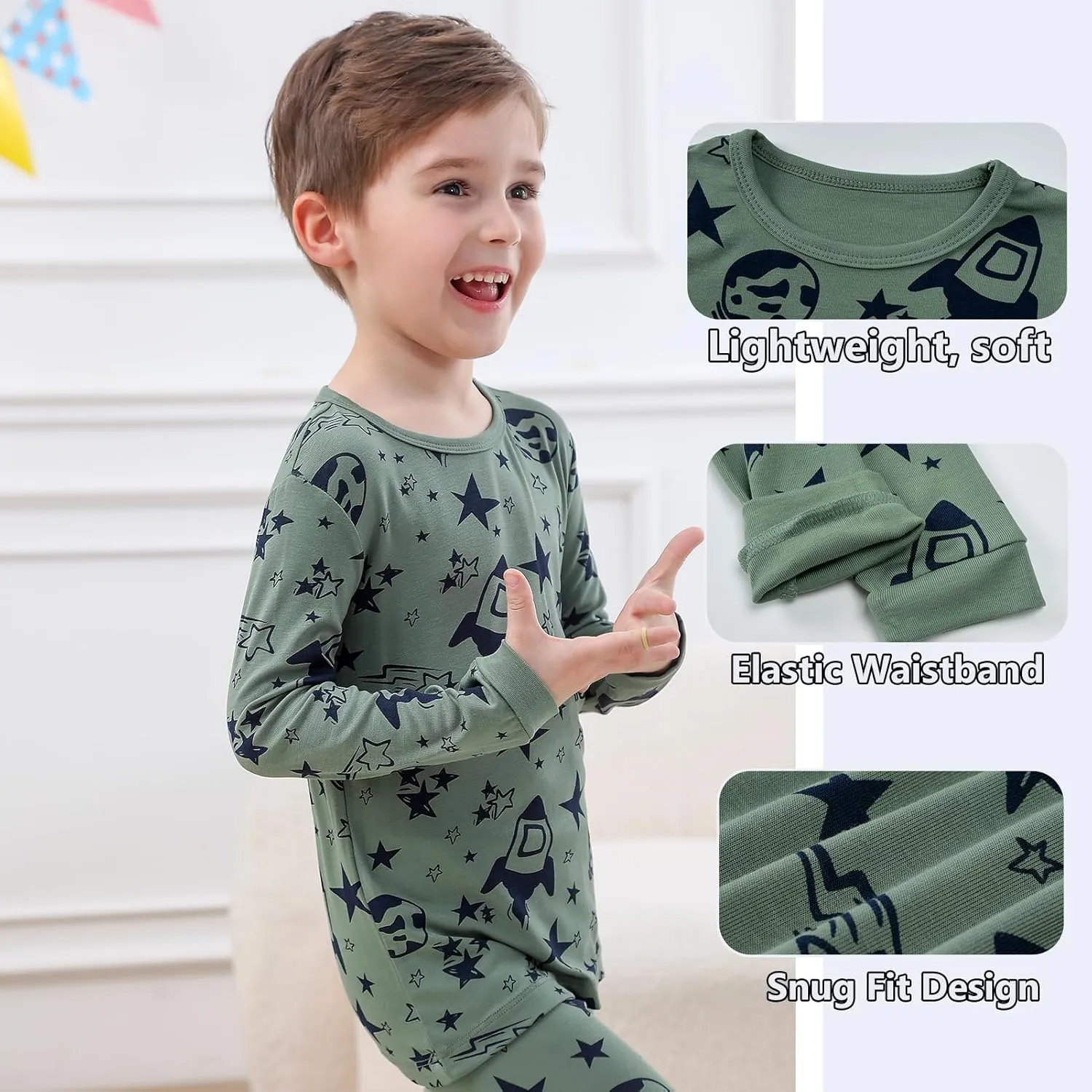 Feidoog Baby Bamboo Pajamas Set Toddler Boys 4-Piece Long Sleeve Snug Fit Sleepwear Pjs 2-7Y