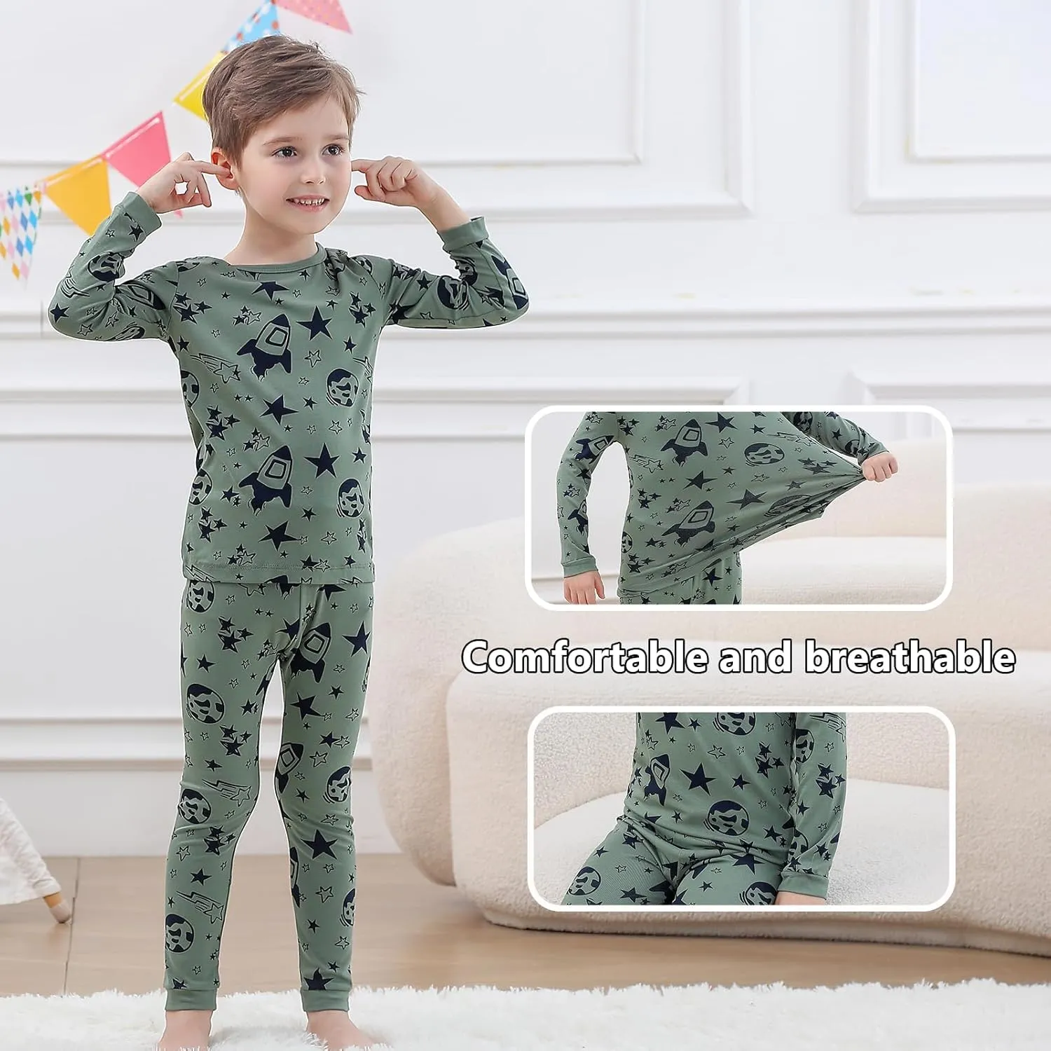 Feidoog Baby Bamboo Pajamas Set Toddler Boys 4-Piece Long Sleeve Snug Fit Sleepwear Pjs 2-7Y