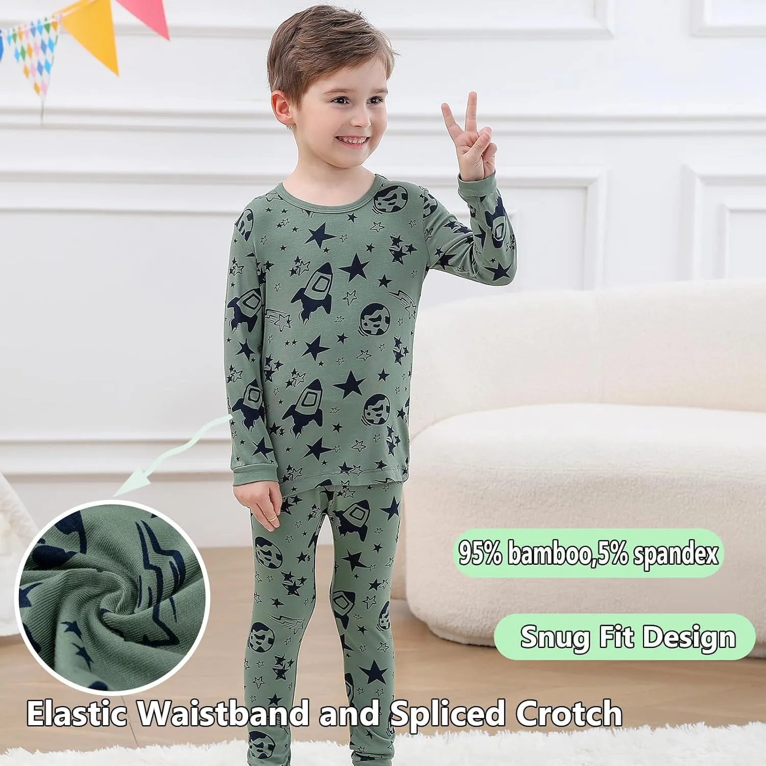 Feidoog Baby Bamboo Pajamas Set Toddler Boys 4-Piece Long Sleeve Snug Fit Sleepwear Pjs 2-7Y