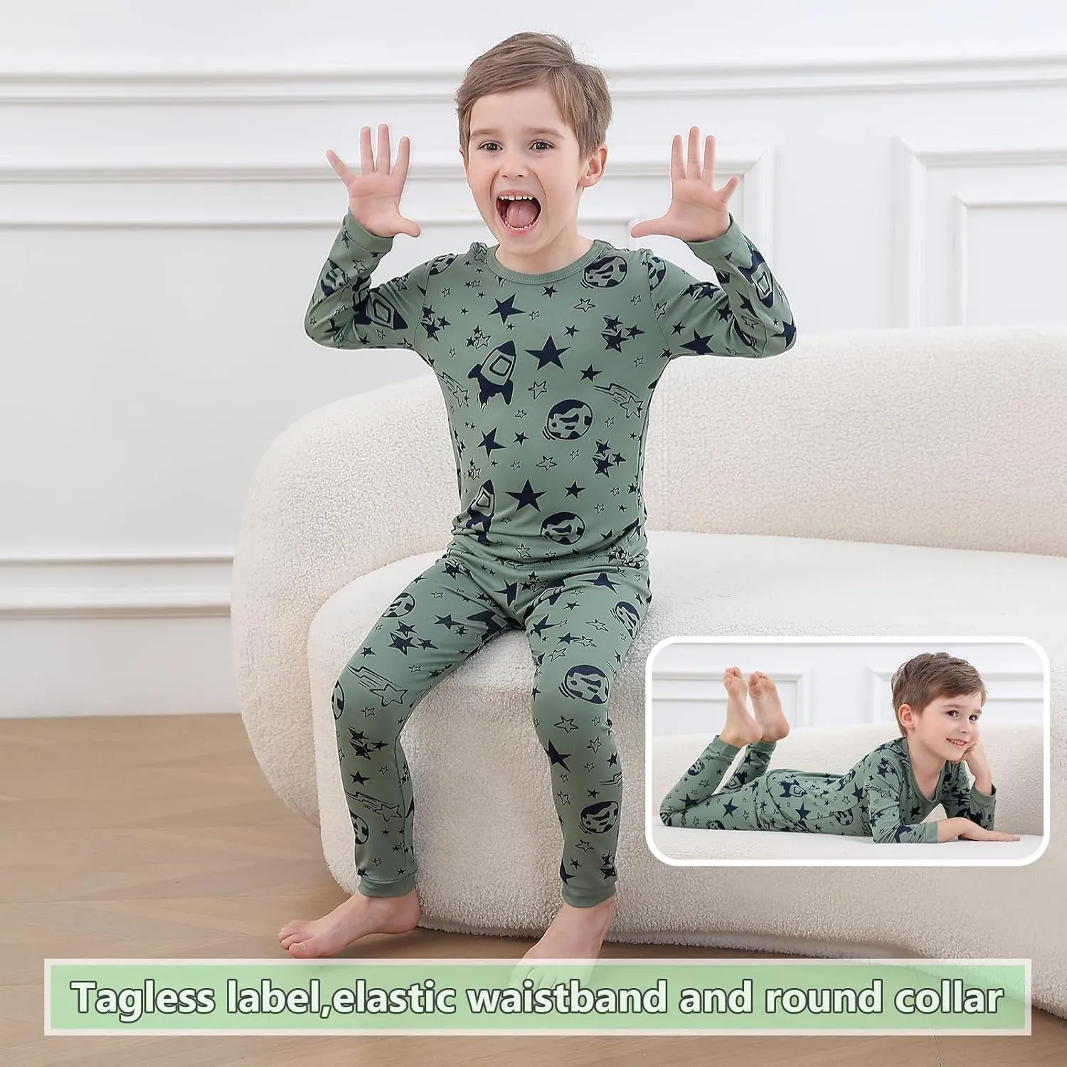 Feidoog Baby Bamboo Pajamas Set Toddler Boys 4-Piece Long Sleeve Snug Fit Sleepwear Pjs 2-7Y