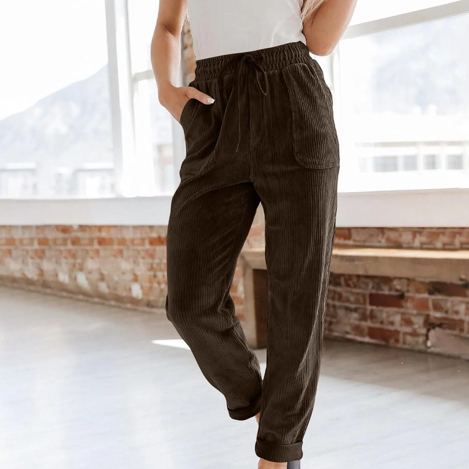 FZYLQY Corduroy Pants for Women Casual Drawstring Elastic High Waist Straight Leg Pants Loose Comfy Trousers with Pockets