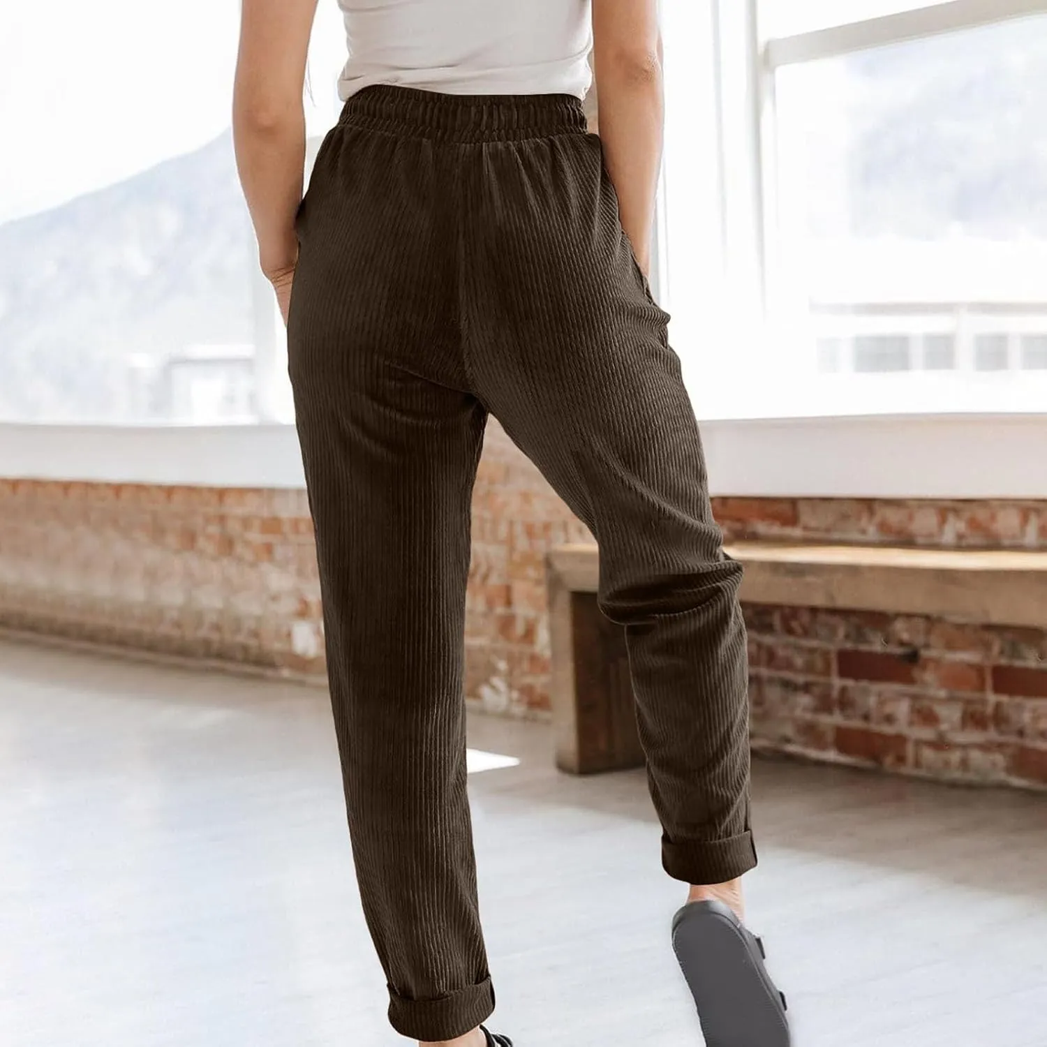 FZYLQY Corduroy Pants for Women Casual Drawstring Elastic High Waist Straight Leg Pants Loose Comfy Trousers with Pockets