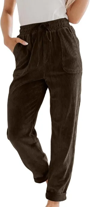 FZYLQY Corduroy Pants for Women Casual Drawstring Elastic High Waist Straight Leg Pants Loose Comfy Trousers with Pockets