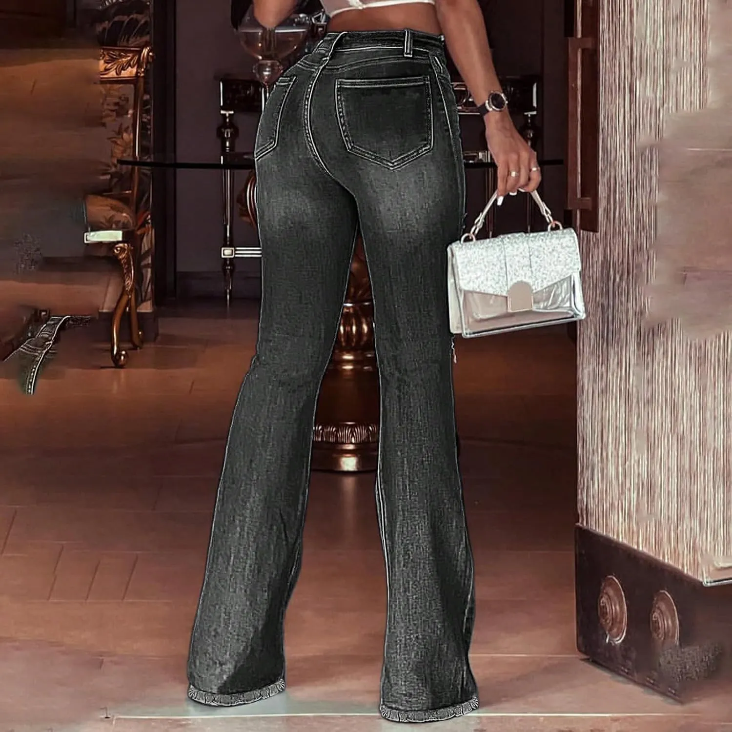 High Waisted Bell Bottom Jeans for Women Stretch Ripped Straight Leg Pants Destroyed Hem Denim Summer Pants with Pockets