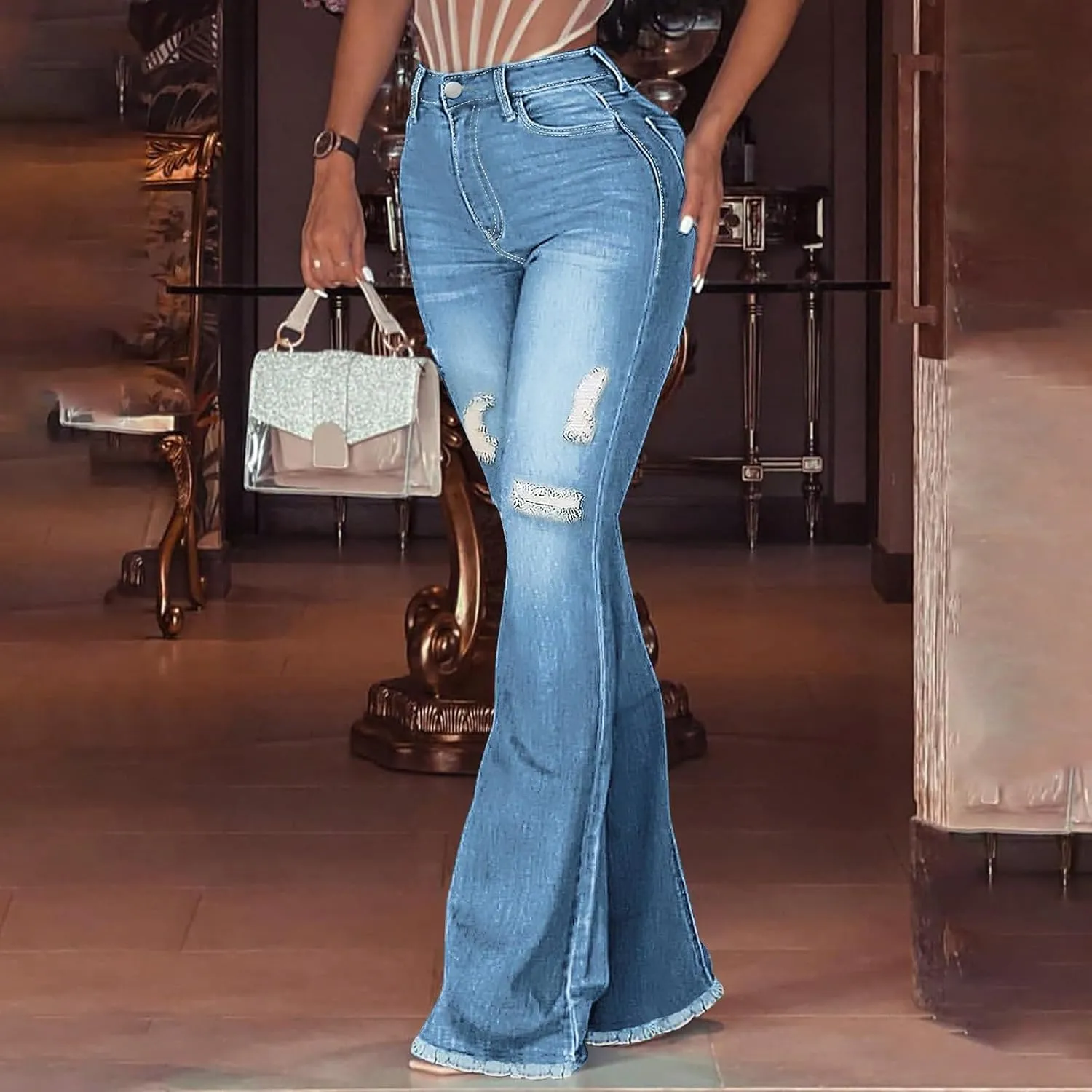 High Waisted Bell Bottom Jeans for Women Stretch Ripped Straight Leg Pants Destroyed Hem Denim Summer Pants with Pockets