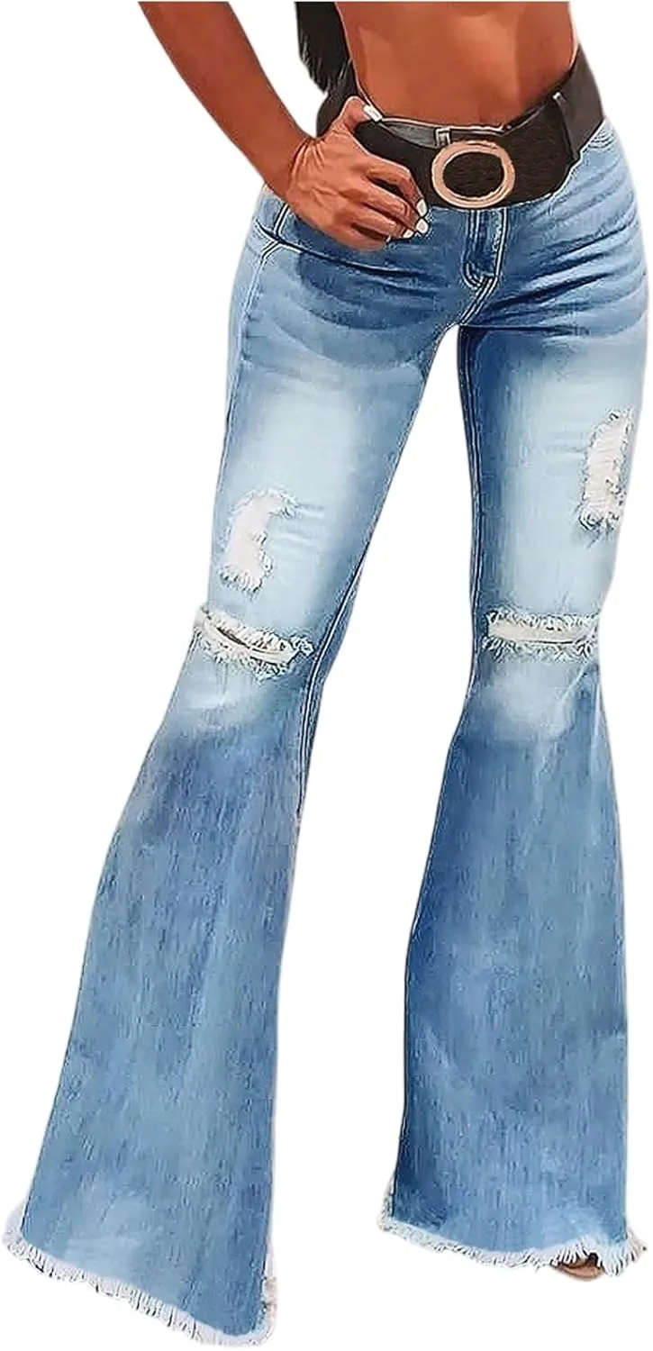 High Waisted Bell Bottom Jeans for Women Stretch Ripped Straight Leg Pants Destroyed Hem Denim Summer Pants with Pockets