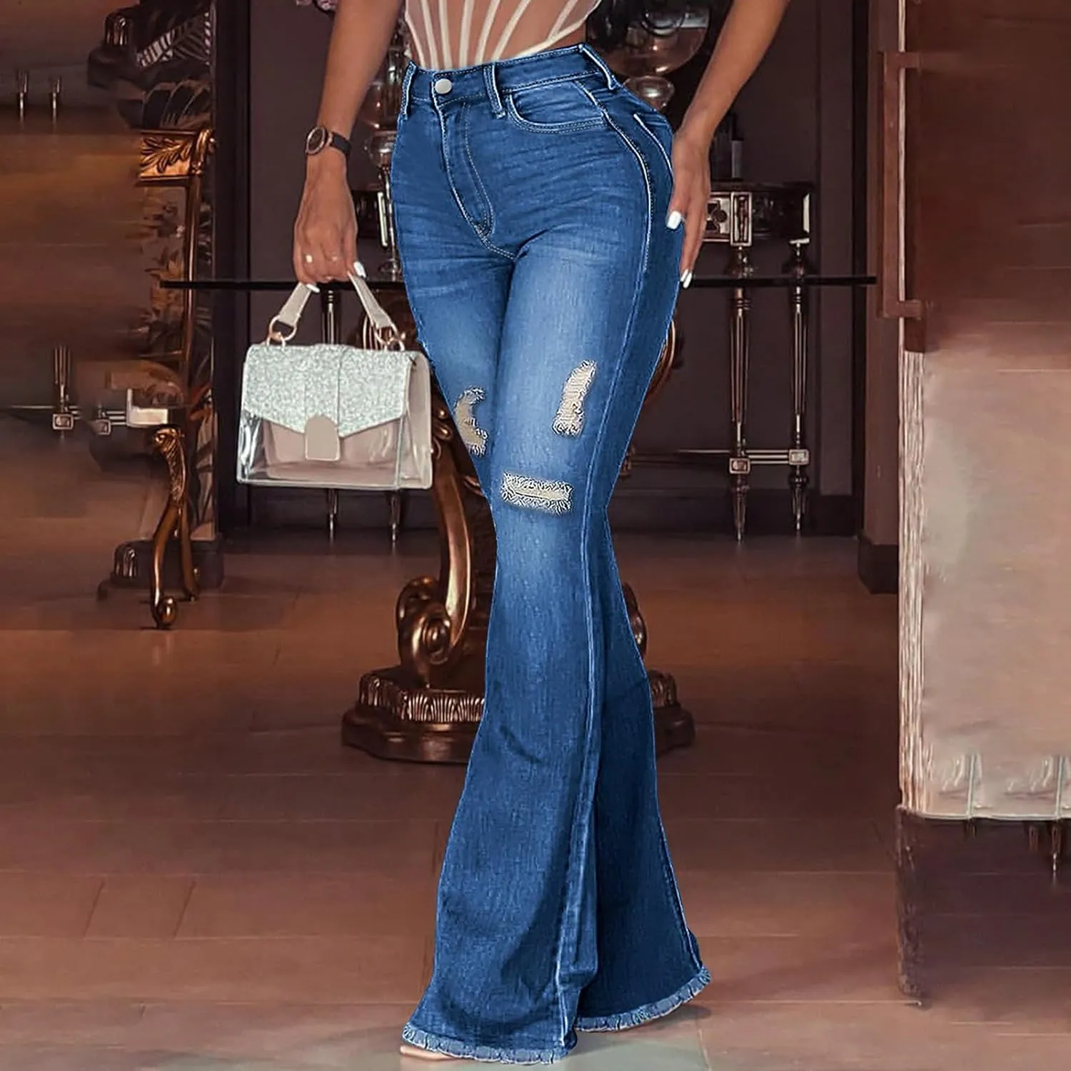 High Waisted Bell Bottom Jeans for Women Stretch Ripped Straight Leg Pants Destroyed Hem Denim Summer Pants with Pockets