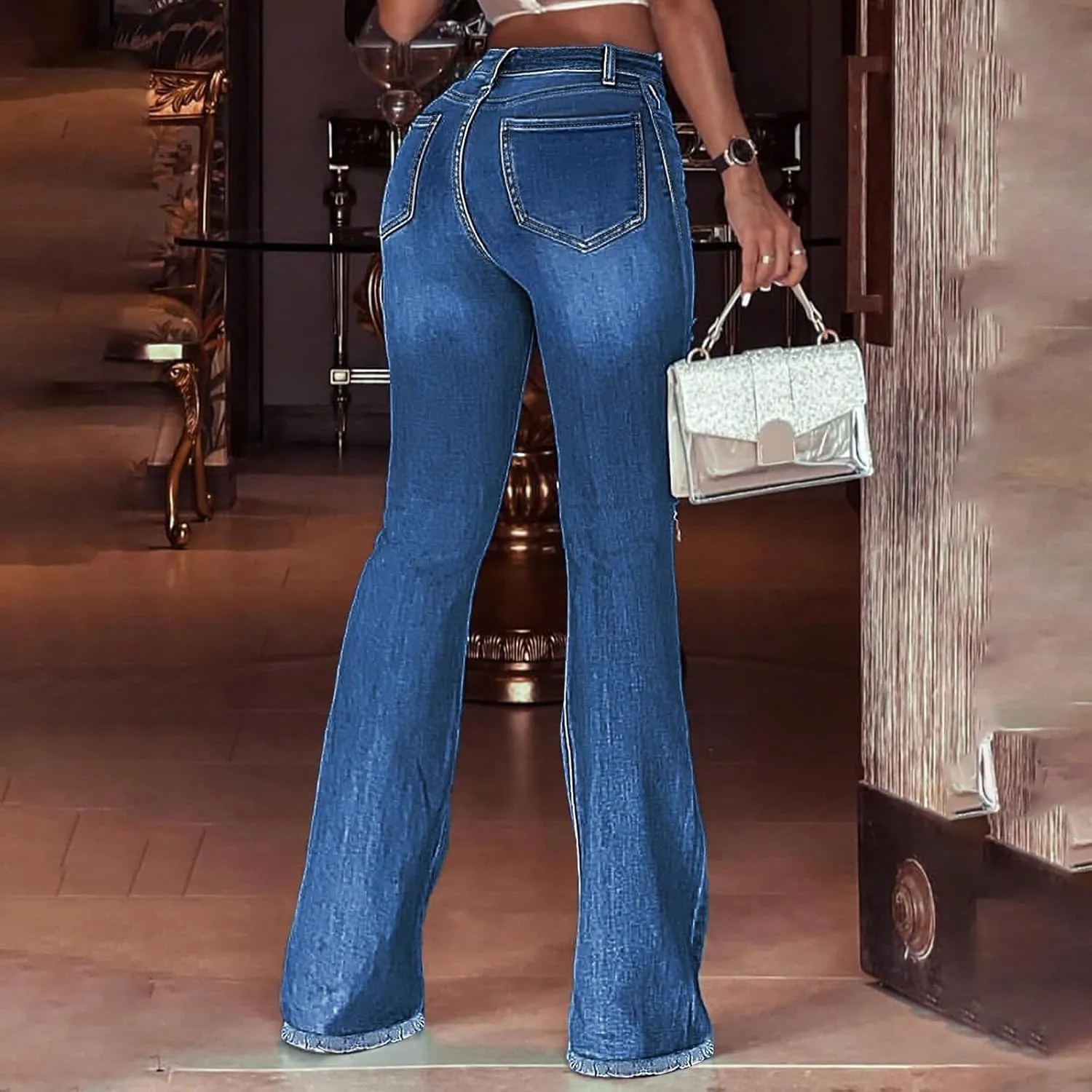 High Waisted Bell Bottom Jeans for Women Stretch Ripped Straight Leg Pants Destroyed Hem Denim Summer Pants with Pockets