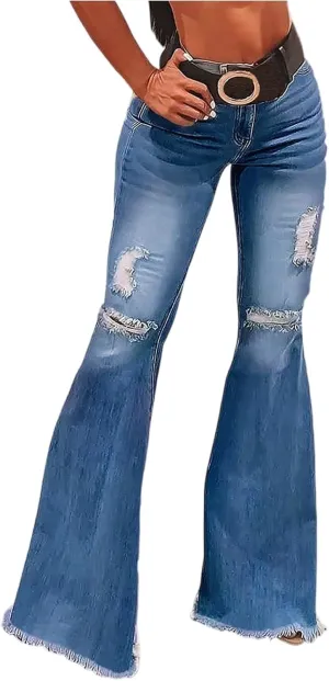 High Waisted Bell Bottom Jeans for Women Stretch Ripped Straight Leg Pants Destroyed Hem Denim Summer Pants with Pockets
