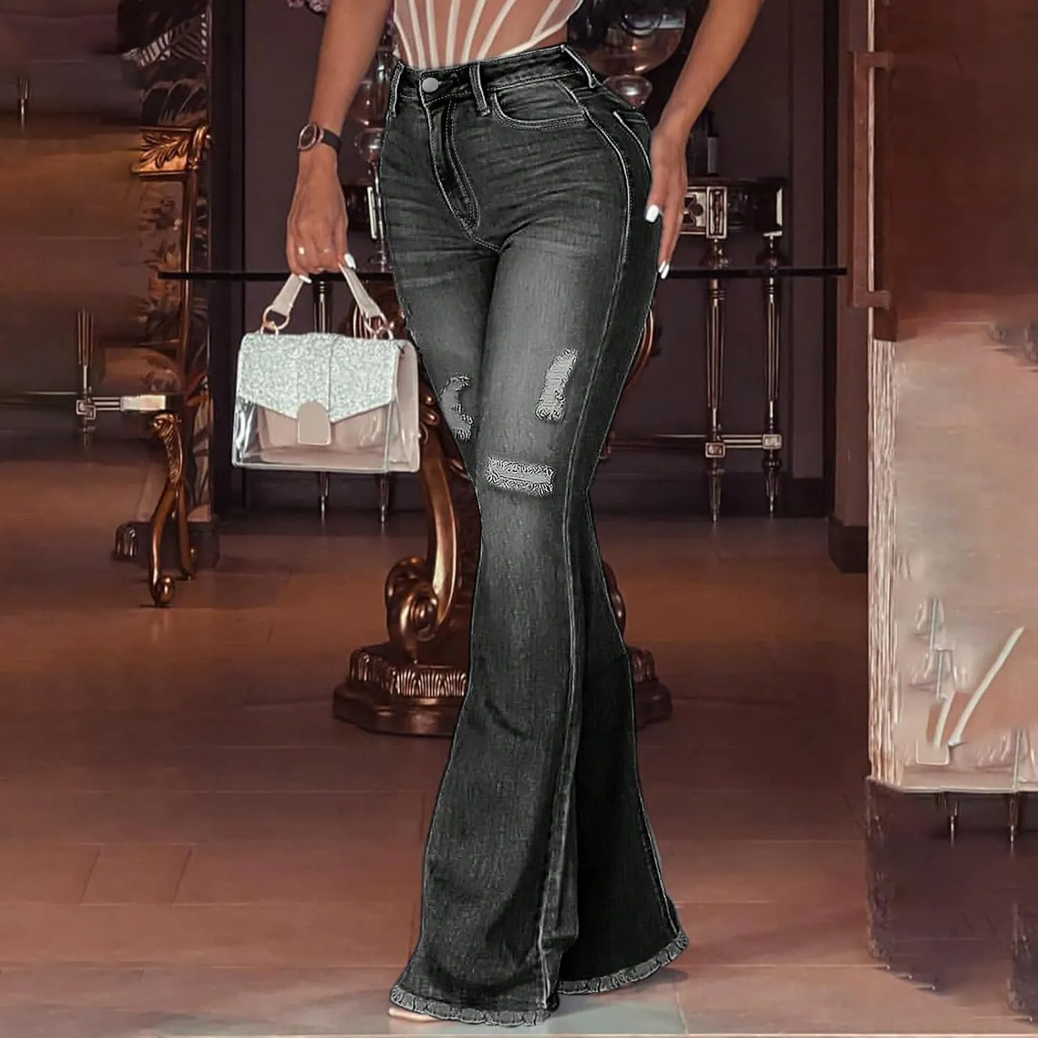 High Waisted Bell Bottom Jeans for Women Stretch Ripped Straight Leg Pants Destroyed Hem Denim Summer Pants with Pockets