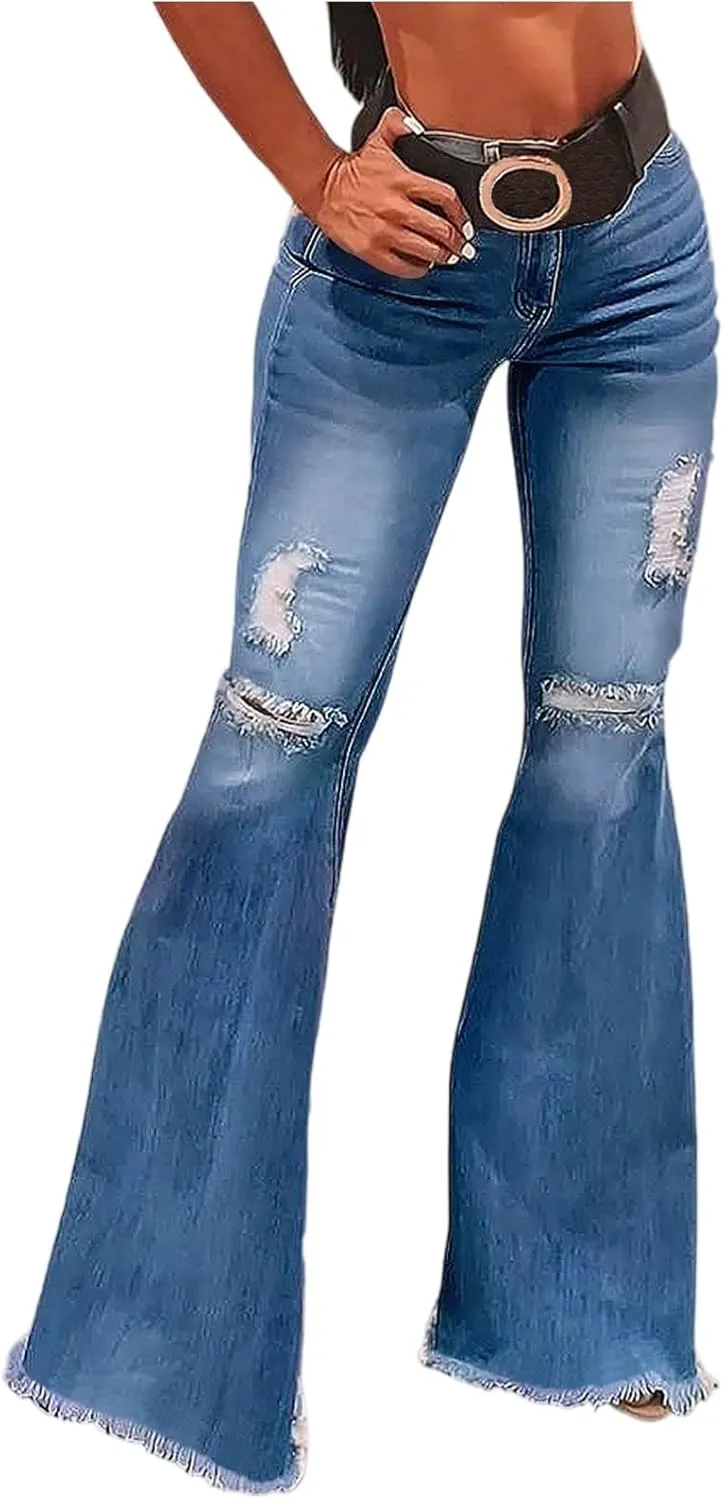 High Waisted Bell Bottom Jeans for Women Stretch Ripped Straight Leg Pants Destroyed Hem Denim Summer Pants with Pockets