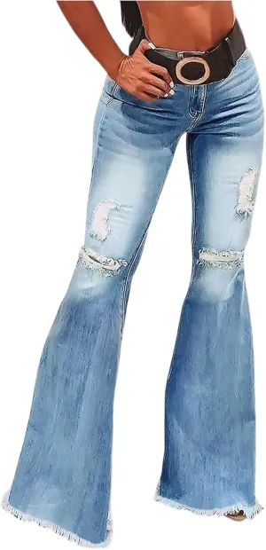 High Waisted Bell Bottom Jeans for Women Stretch Ripped Straight Leg Pants Destroyed Hem Denim Summer Pants with Pockets