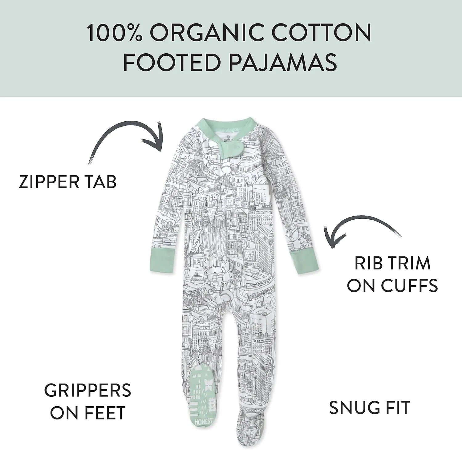 HonestBaby Baby 100% Organic Cotton Classics Non-Slip Footed One-Piece Zip-Front Pajamas