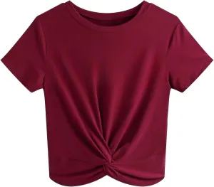 JINKESI Women's Summer Causal Short Sleeve Blouse Round Neck Crop Tops Twist Front Tee T-Shirt