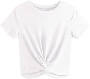 JINKESI Women's Summer Causal Short Sleeve Blouse Round Neck Crop Tops Twist Front Tee T-Shirt