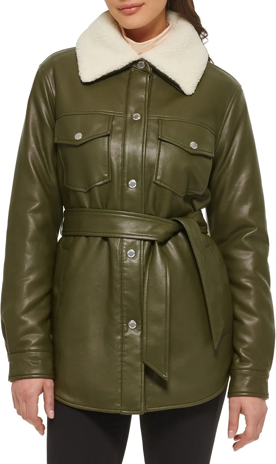 Kenneth Cole Women's Modern Updated Shacket Belted Trench Faux-Leather